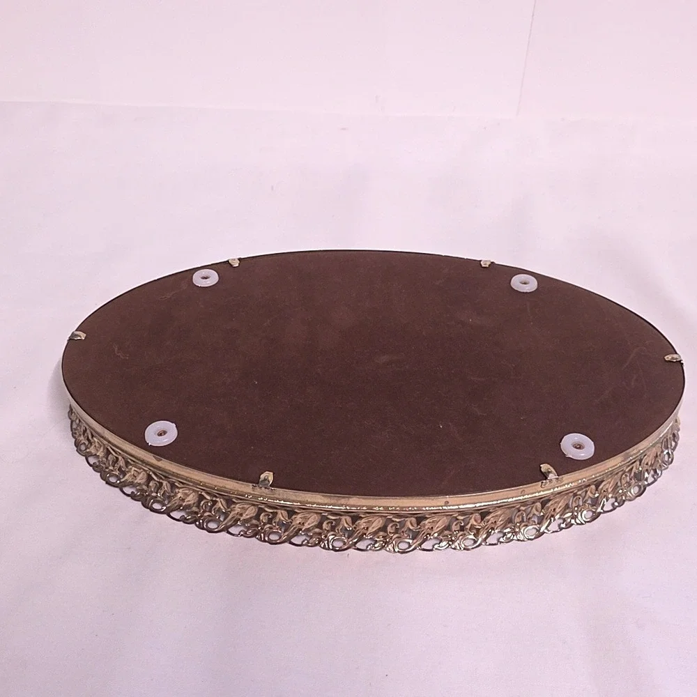 Vintage Vanity Tray Gold Oval Mirrored Filigree Ornate Hollywood Regency